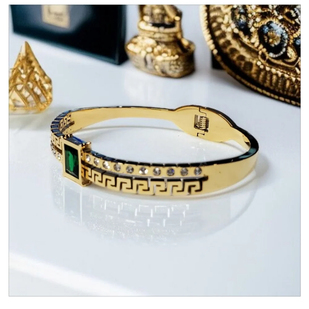 Gold Greek Key Zircon Emerald Crystal Plated